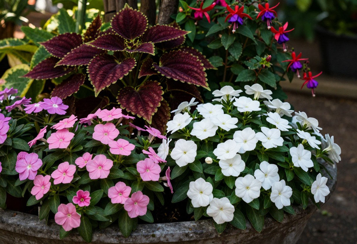 A lush shaded garden container overflowing with pink and white impatiens, dark red coleus foliage, and trailing fuchsia flowers