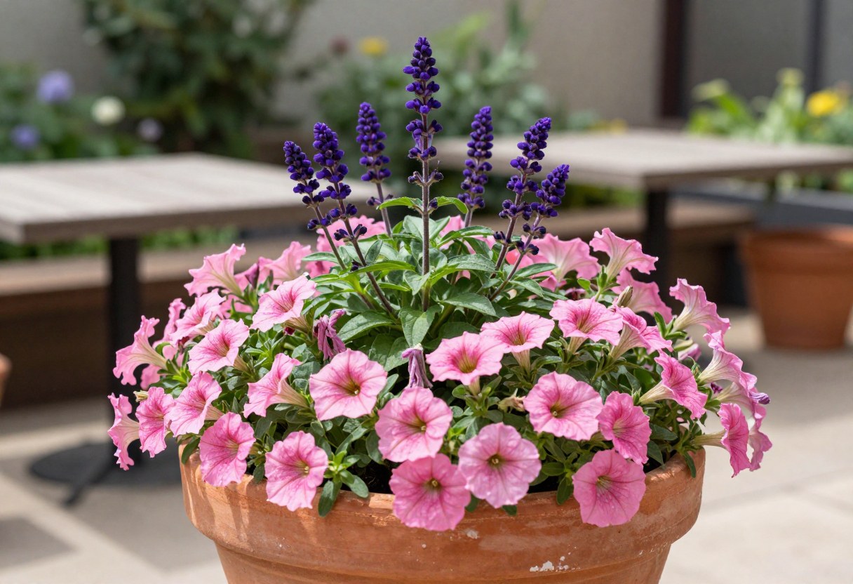 A terracotta pot with a tall purple salvia thriller, mounding pink petunias as filler, on a sunny patio