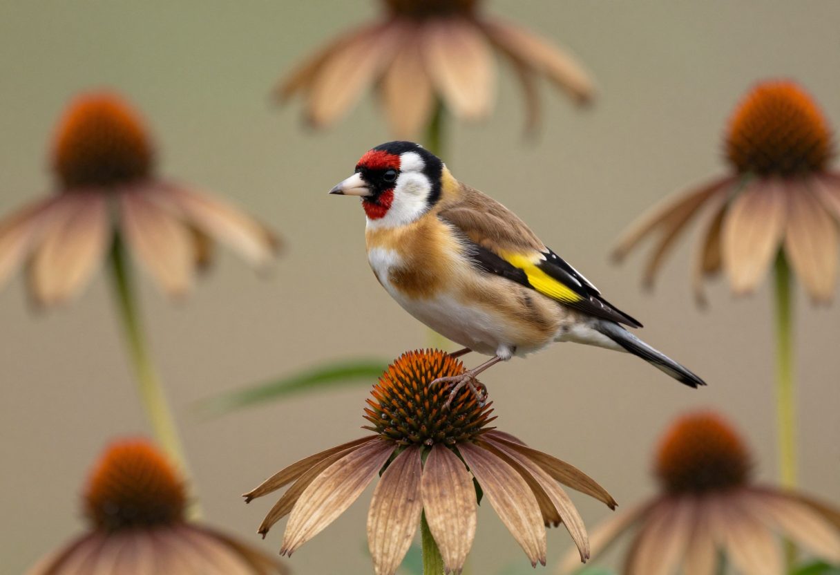 A goldfinch perched on a dried coneflower seed head in winter