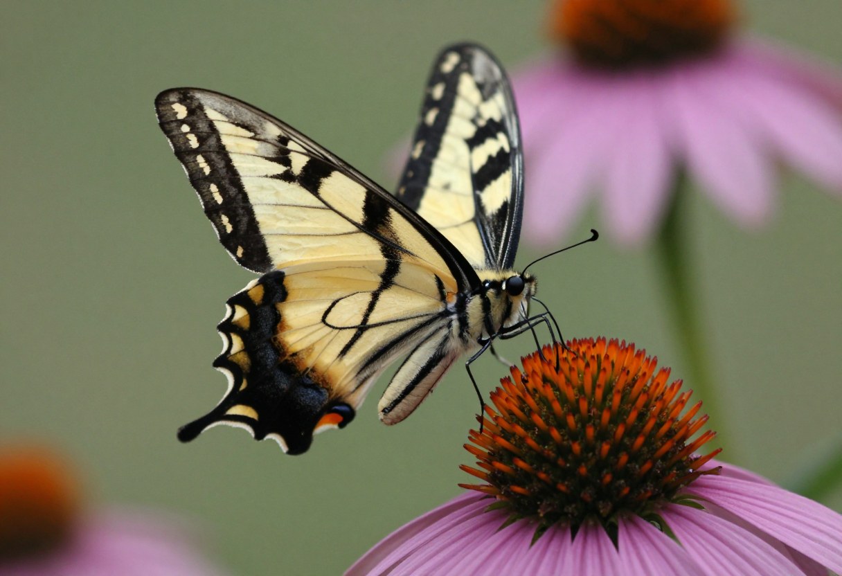 A yellow and black eastern tiger swallowtail butterfly with wings spread feeding on a purple coneflower