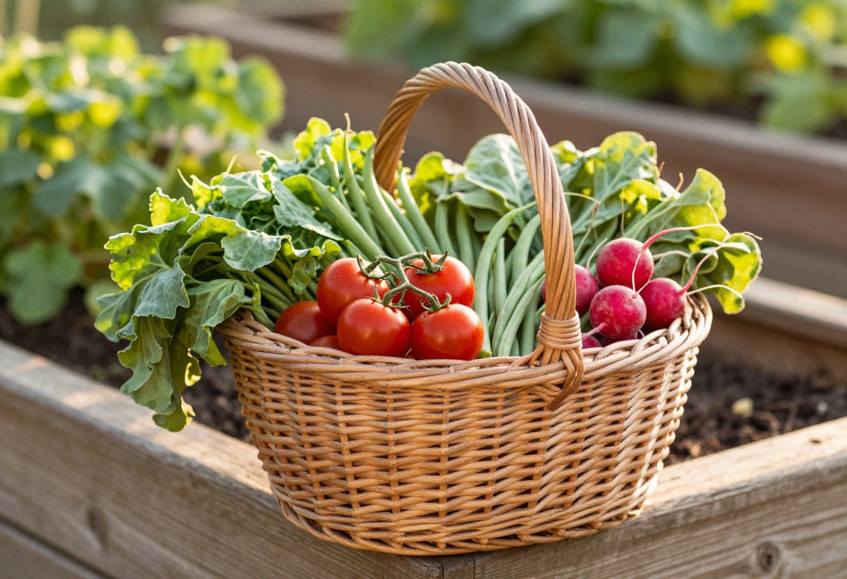 A wicker harvest basket overflowing with freshly picked cherry tomatoes, radishes, and green beans on a raised garden bed edge
