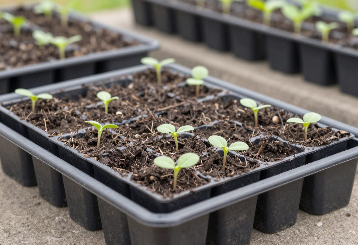 Young seedling trays being hardened off inside an open cold frame before transplanting