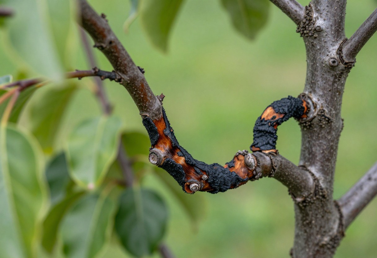 A blackened wilted branch tip on a fruit tree curled into a shepherd's crook shape