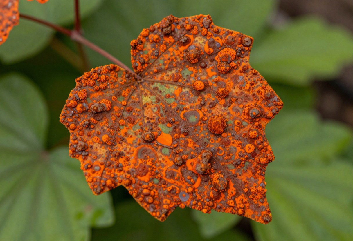 A leaf covered in raised orange-red rust fungal pustules