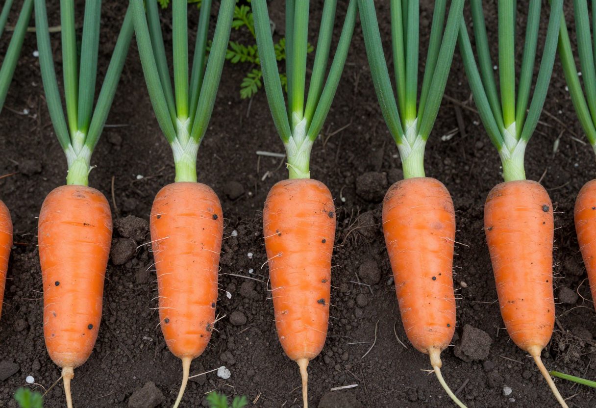 Rows of carrots and green onion tops growing side by side in dark garden soil