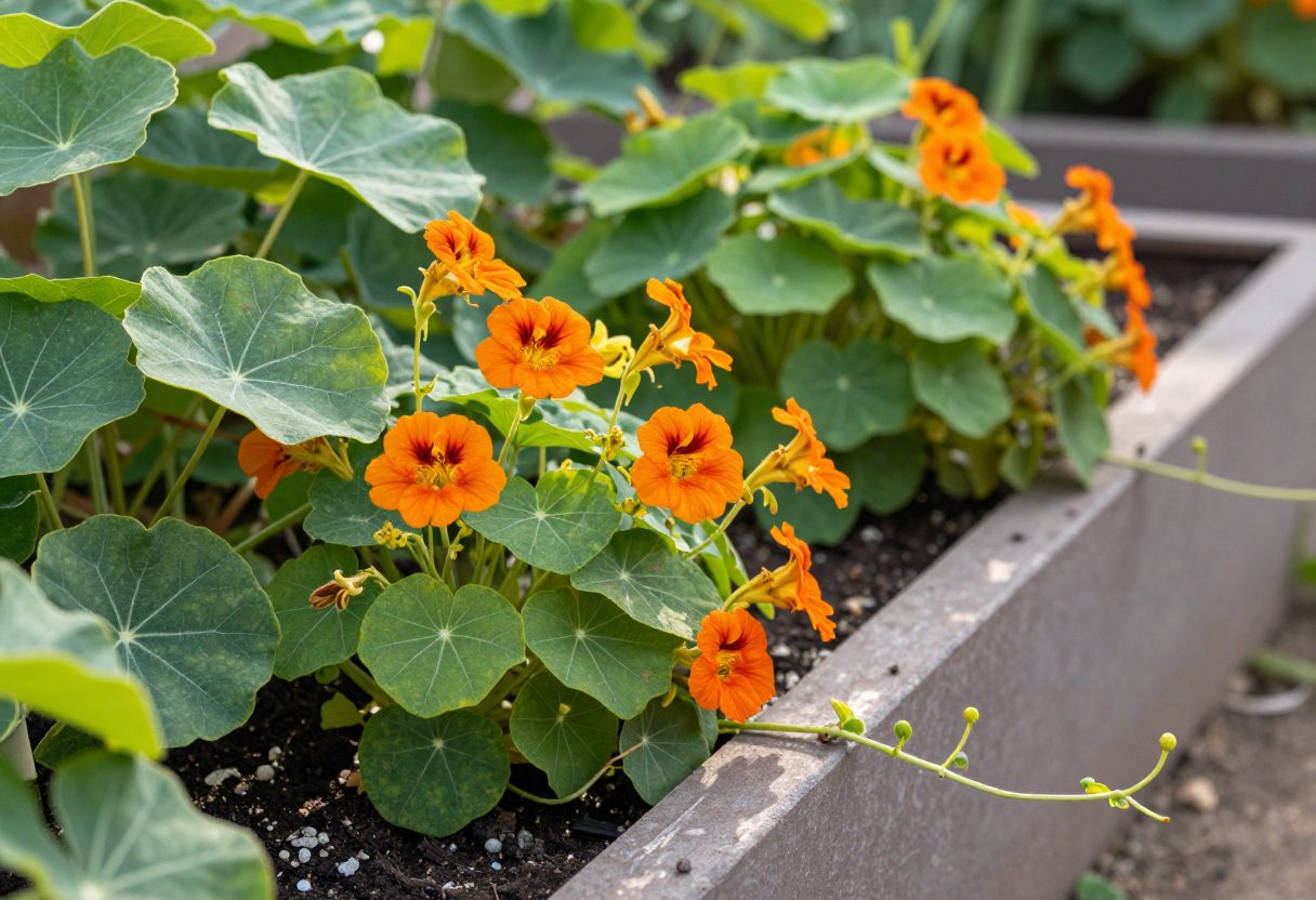Bright orange nasturtium flowers planted along the edge of a vegetable garden bed as a trap crop