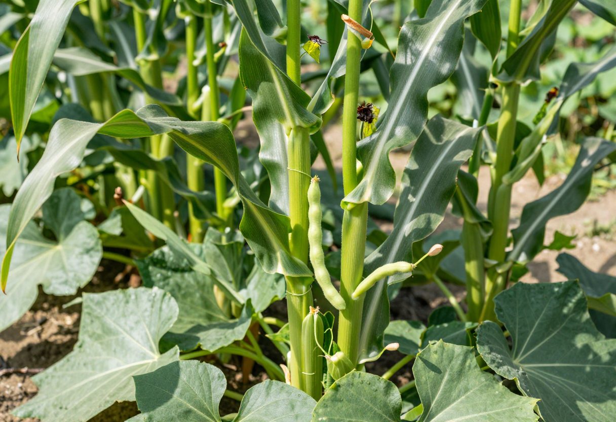 Climbing pole bean vines twining up corn stalks with squash leaves covering the soil below