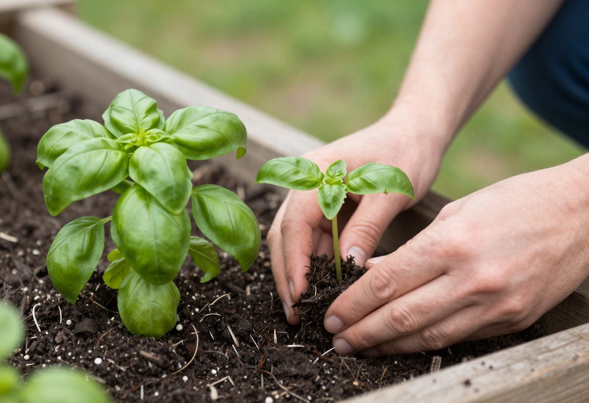 A gardener transplanting a tomato seedling next to a basil plant in a raised garden bed
