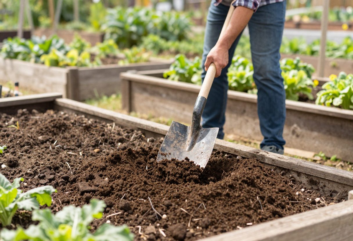 A gardener spreading dark crumbly finished compost onto a raised garden bed