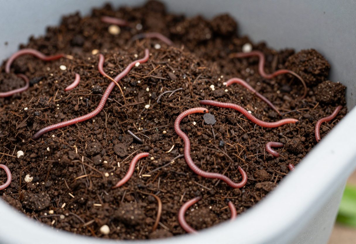 A worm composting bin with visible red wiggler worms and dark worm castings