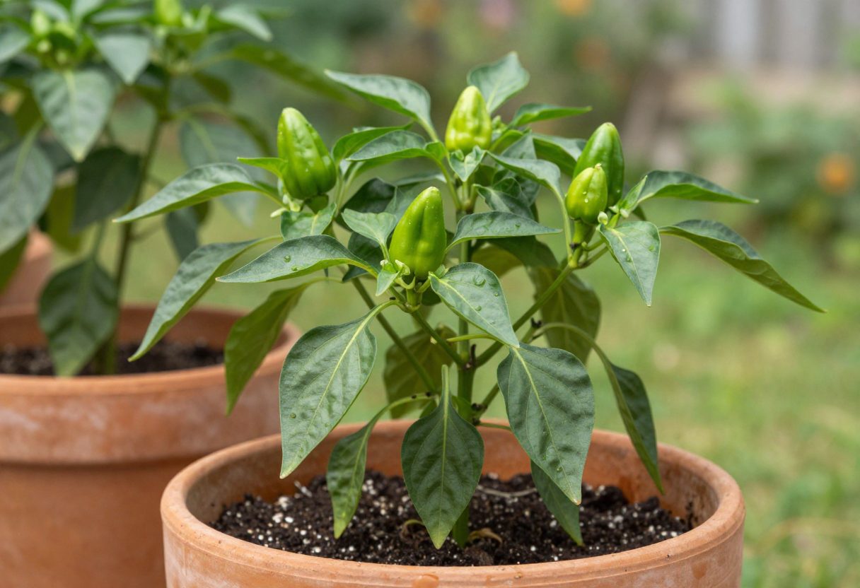 A compact pepper plant with multiple peppers growing in a container