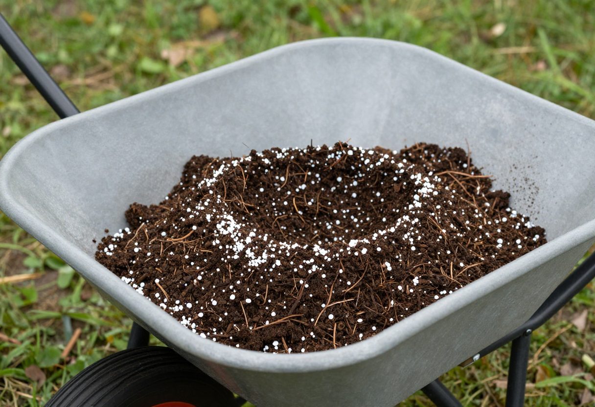 A wheelbarrow mixing potting mix, compost, and perlite for container vegetable gardening