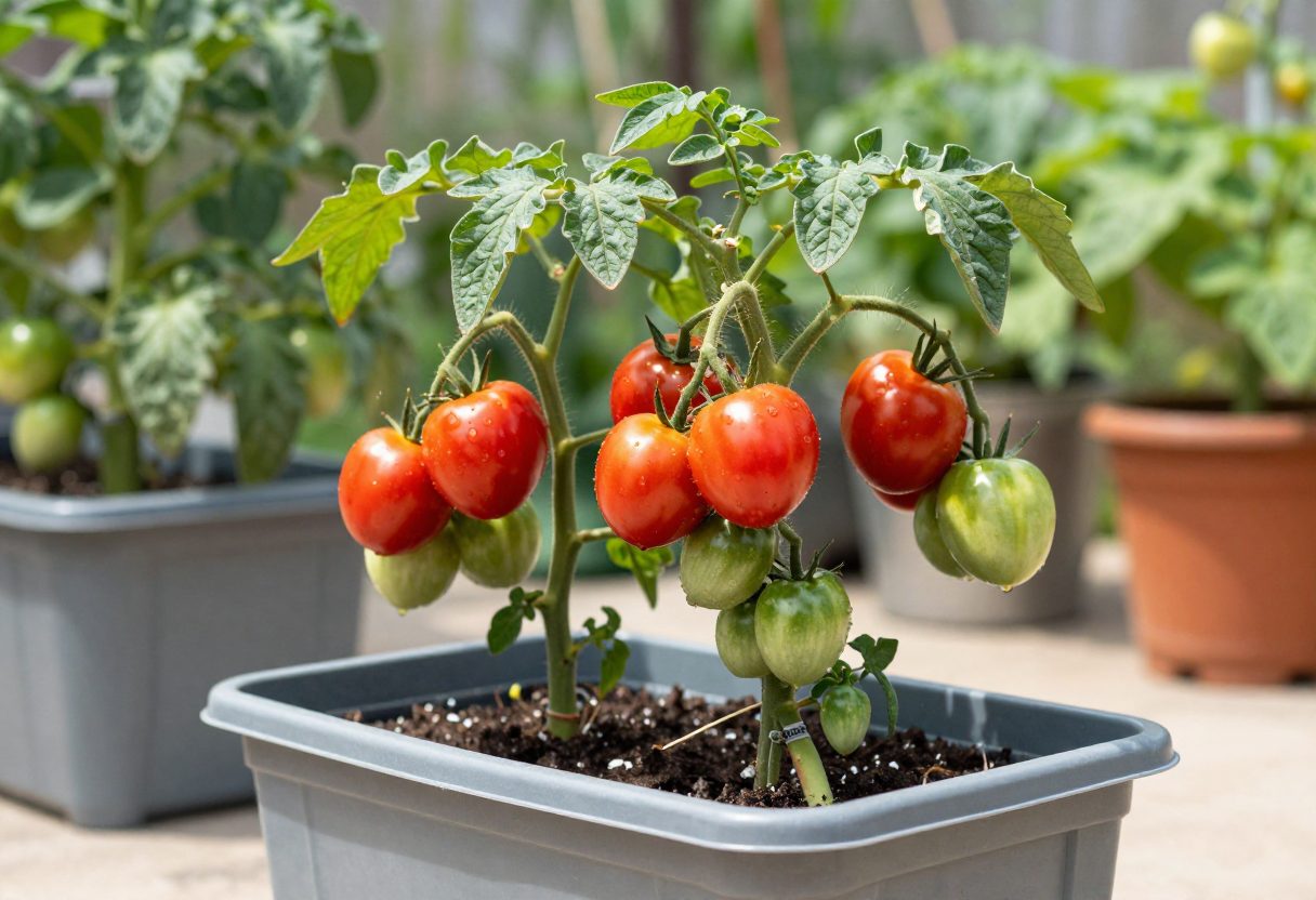 A tomato plant loaded with fruit growing in a large container on a patio