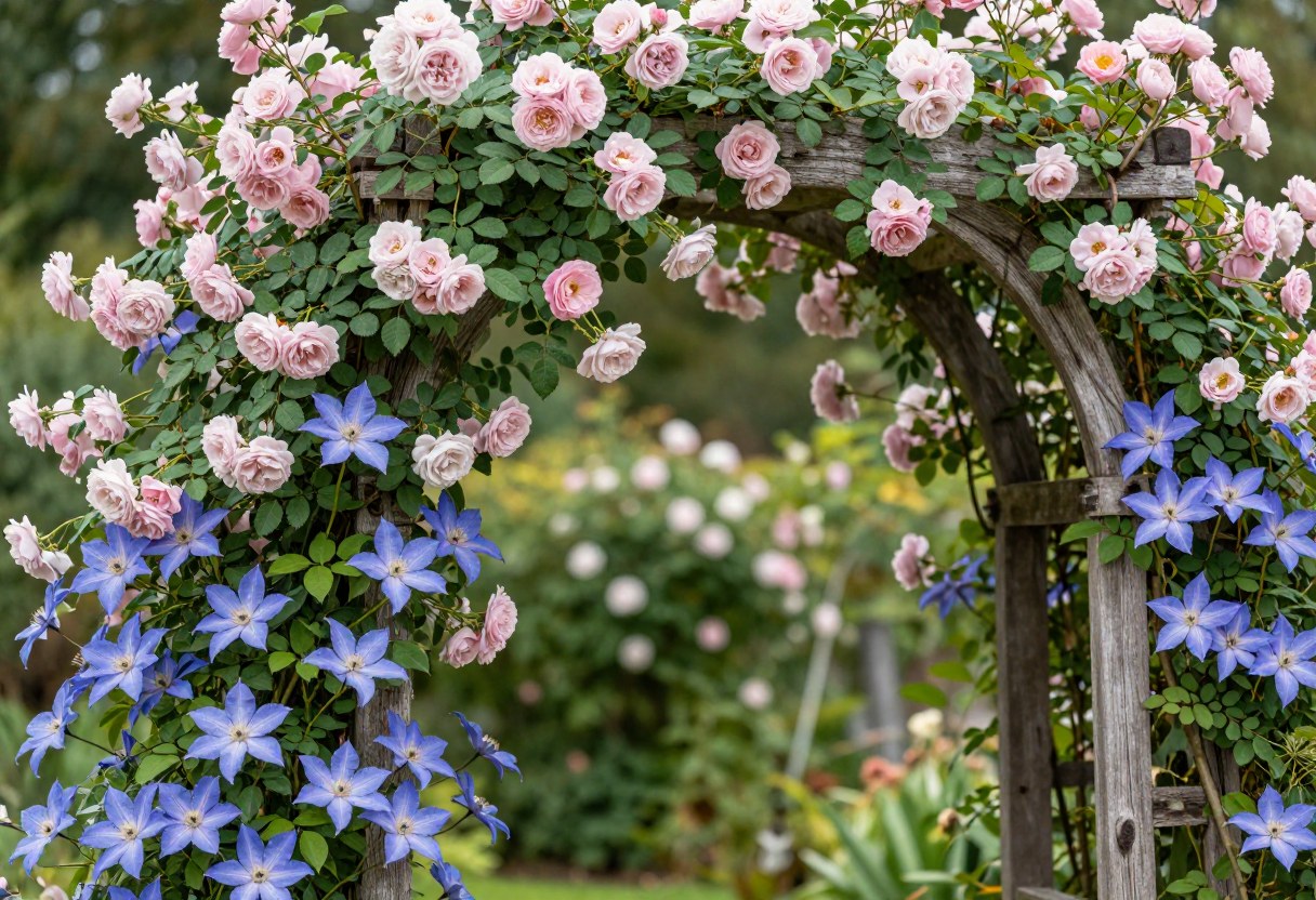 A rustic wooden garden arch covered in a climbing pale pink rose intertwined with blue-purple clematis flowers