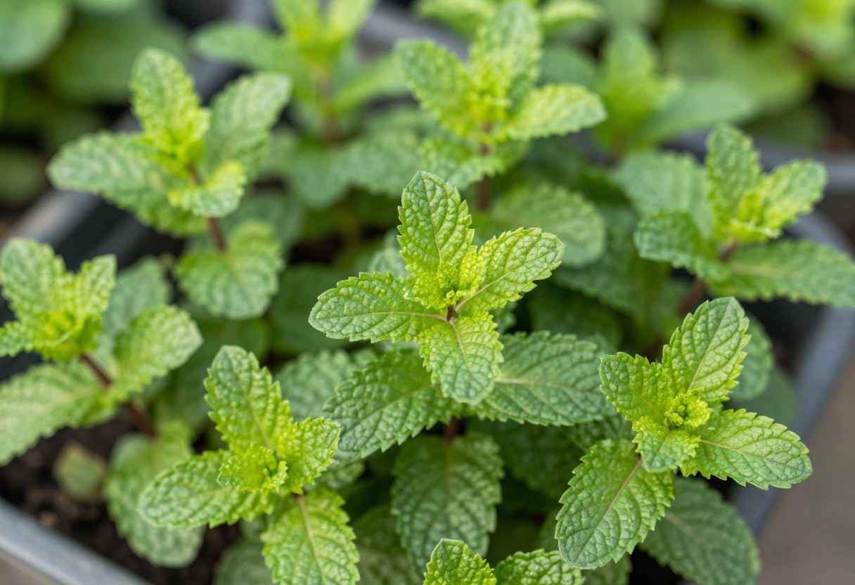 Close-up of fresh mint leaves growing densely in a container, vivid green serrated leaves catching morning light