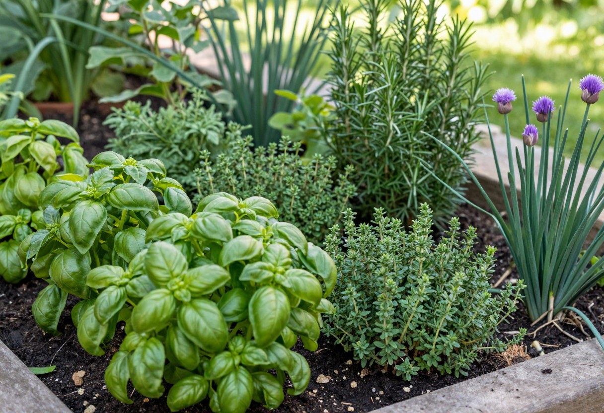 A thriving mixed culinary herb garden bed with bushy basil, low mounds of thyme, upright rosemary, and clumps of chives