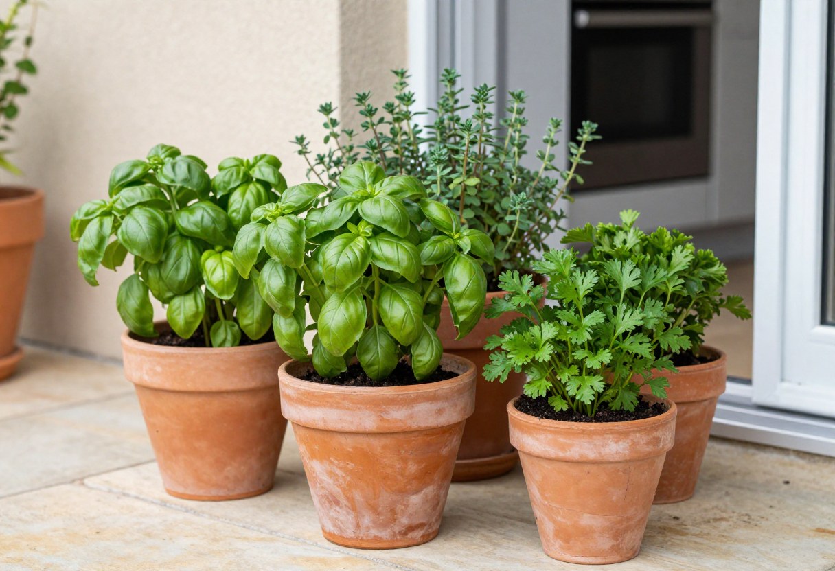 A collection of terracotta pots filled with basil, thyme, and parsley clustered on a sunny stone patio near a kitchen door