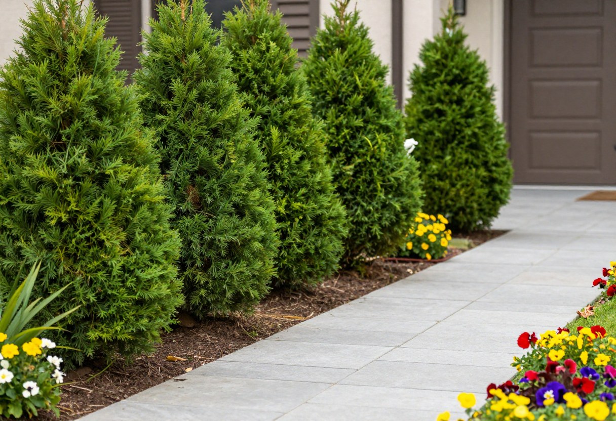 A beautifully landscaped front yard with neatly trimmed evergreen foundation shrubs, a clean stone entry path, and colorful seasonal flowers