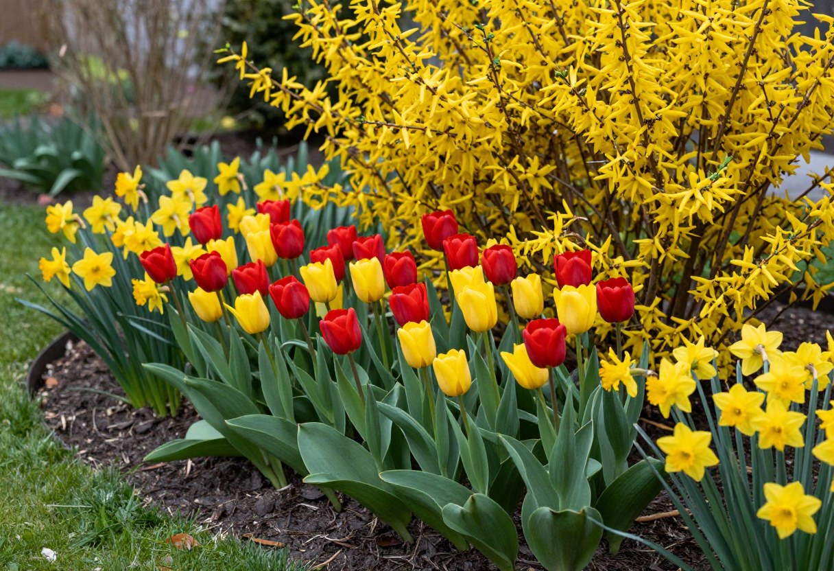 A front yard garden bed with bright red and yellow tulips blooming alongside golden daffodils under a flowering forsythia shrub
