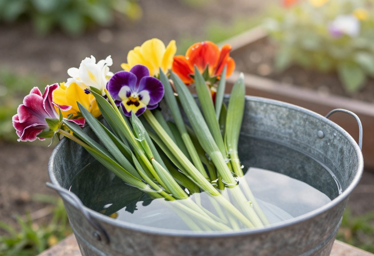 Freshly cut flower stems placed into a bucket of water during an early morning harvest