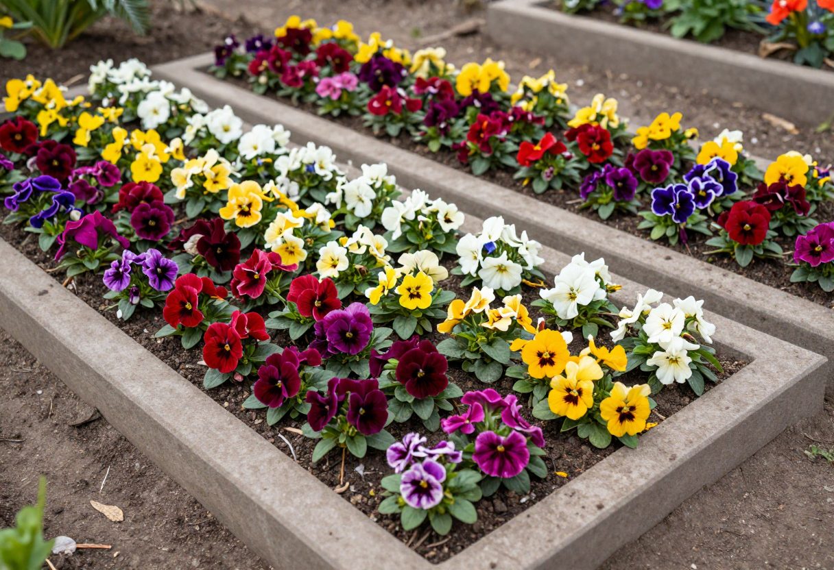 A small raised bed densely planted with cutting garden flowers in tight rows