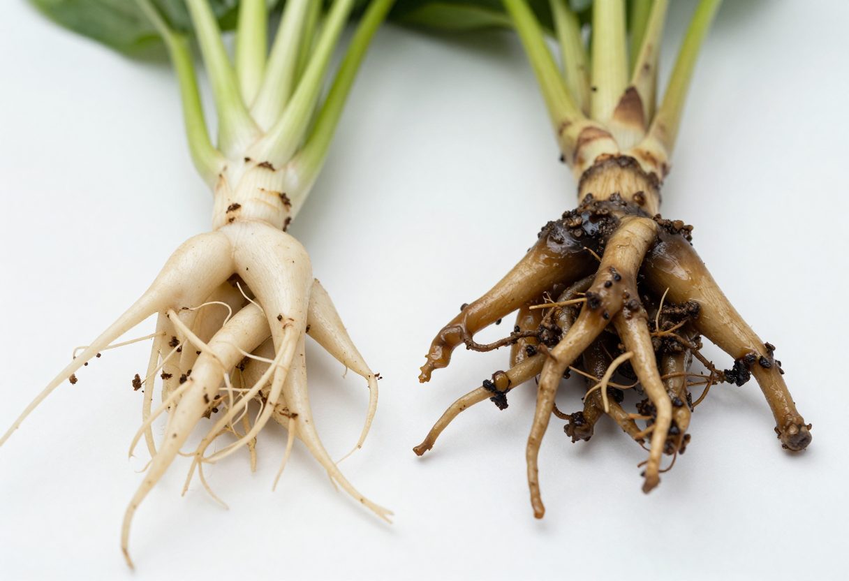 Healthy white hydroponic roots compared with brown slimy rotting roots side by side