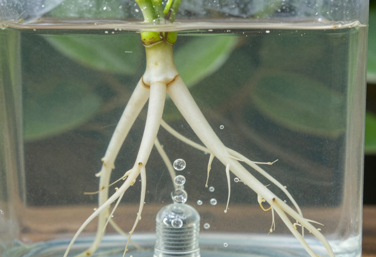 Healthy white plant roots hanging in a clear reservoir of water with bubbles rising from an air stone
