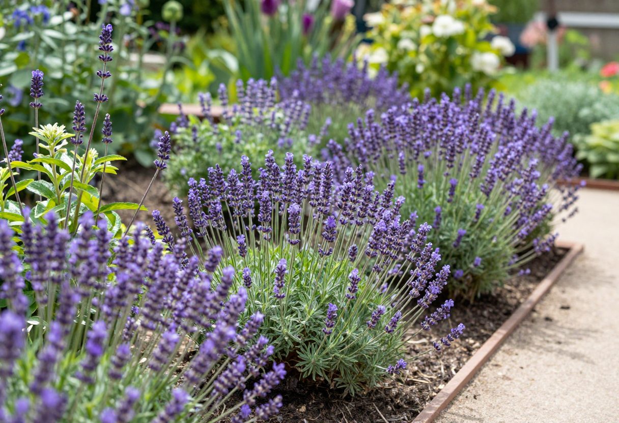 A garden border planted with lavender and Russian sage in full bloom