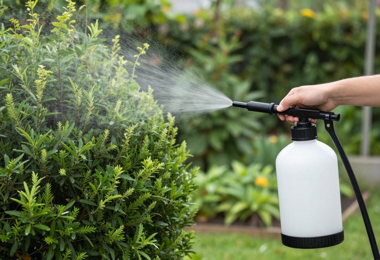 A gardener applying deer repellent spray to ornamental shrubs