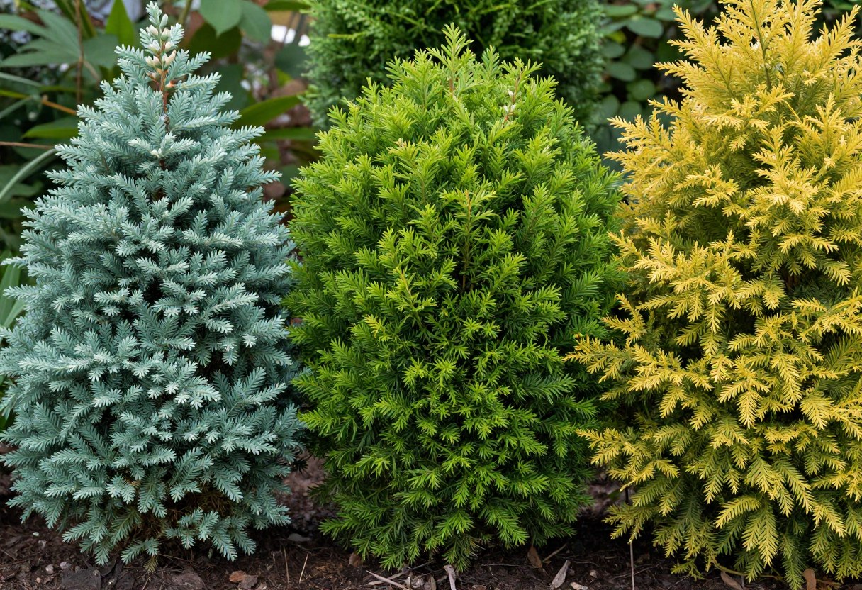 Three dwarf conifers of different forms grouped together in a garden bed in varying shades of blue-green, green, and gold