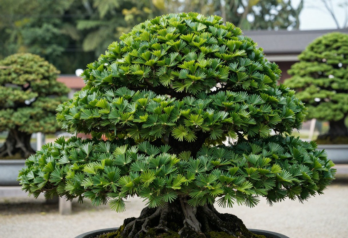 A dwarf Hinoki cypress conifer with distinctive flat fan-like foliage sprays in dark glossy green, sculptural bonsai-like form
