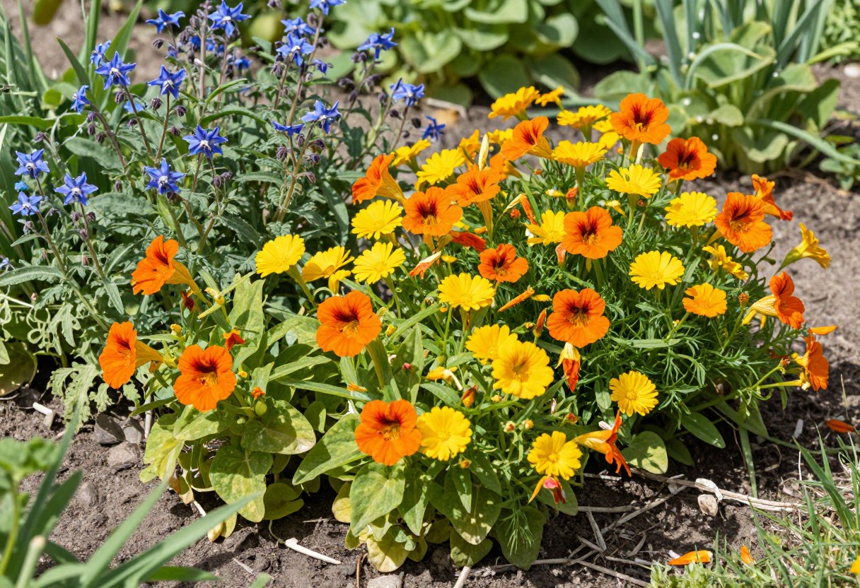 A densely planted edible flower cutting bed with orange nasturtiums, yellow calendula, and blue borage growing together