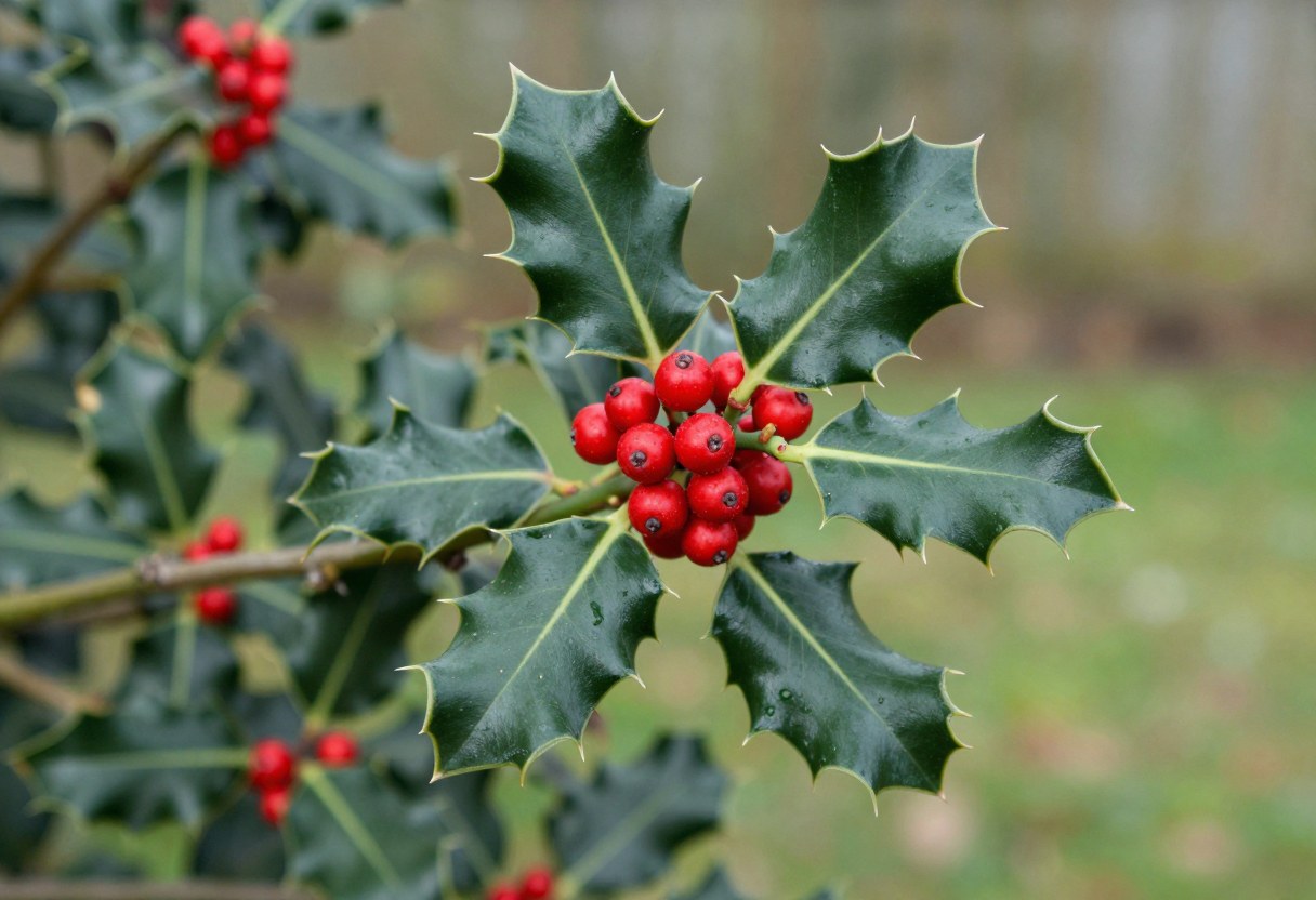 A holly branch with glossy spiny dark green leaves and clusters of bright red berries