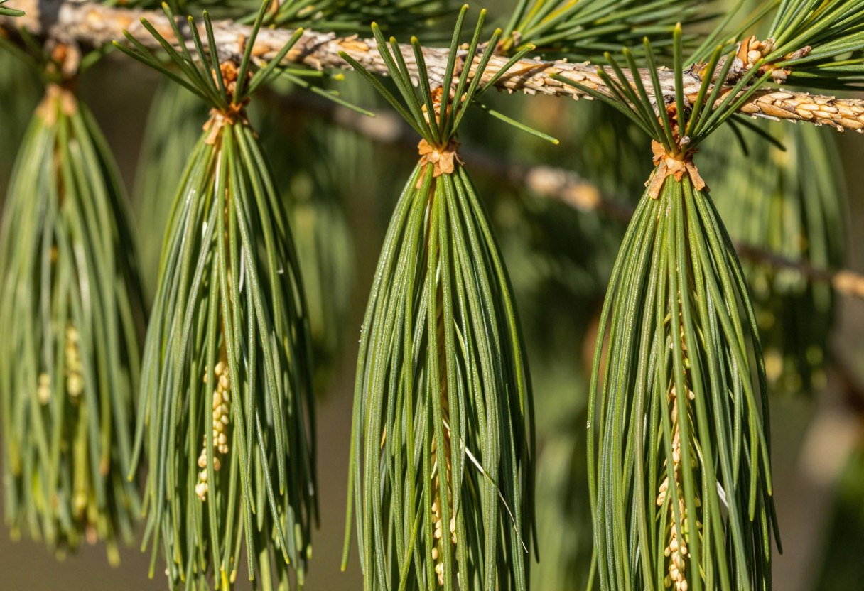 Long soft green pine needles growing in bundled clusters of five along a branch, held together at the base by a papery sheath