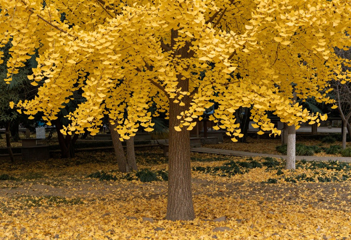 A ginkgo tree with brilliant gold fan-shaped leaves, fallen leaves forming a golden carpet on the ground beneath