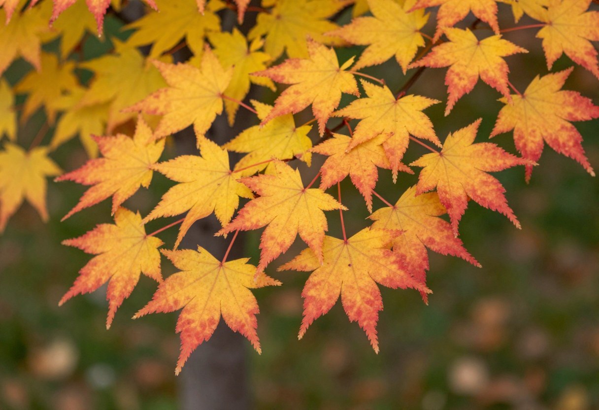 Sugar maple leaves showing a gradient from yellow to orange to brilliant scarlet on the same branch