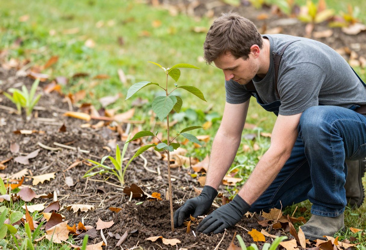 A gardener planting a young tree in a garden bed surrounded by fallen autumn leaves