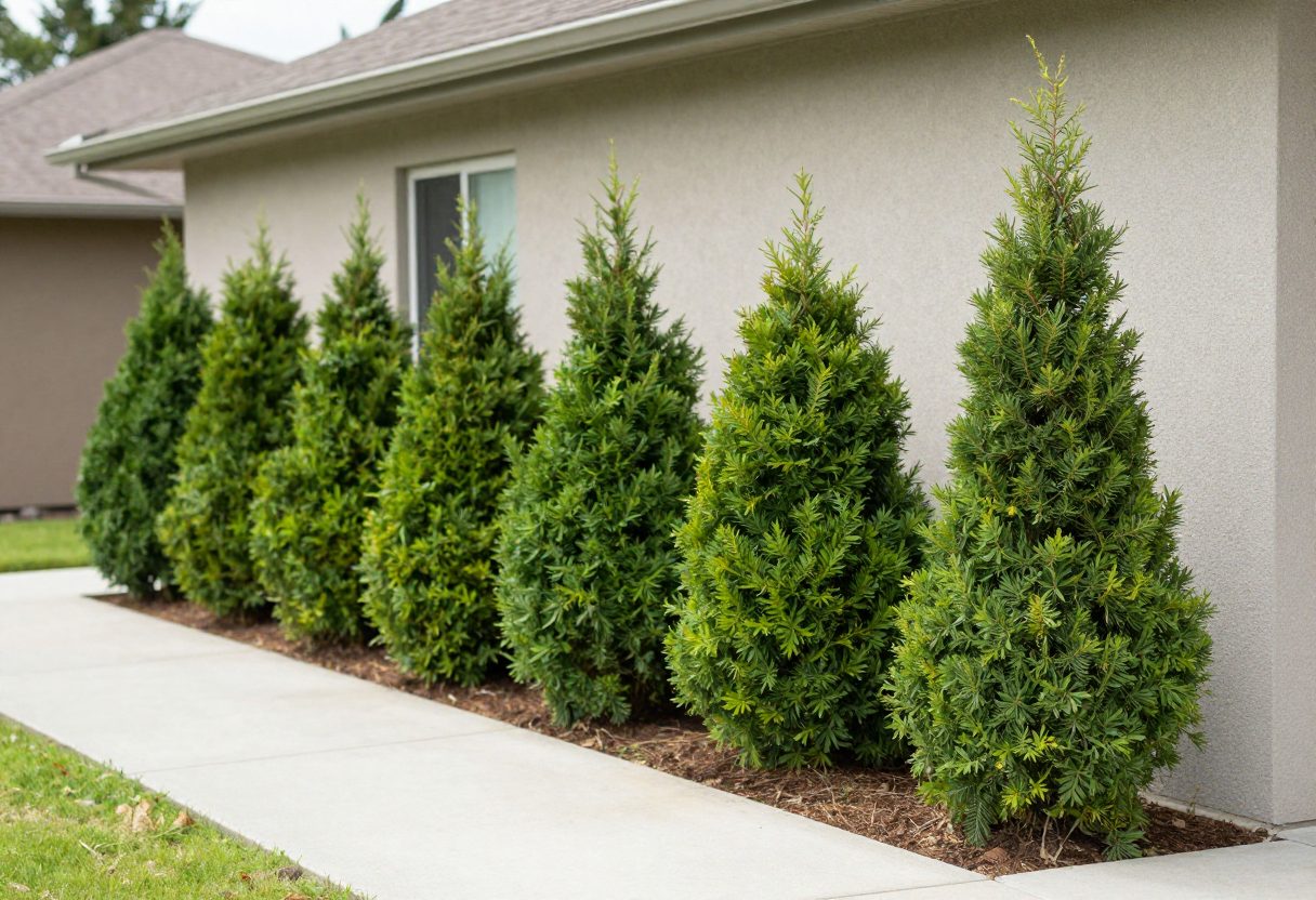 A house front with a repeated mass planting of shrubs along the wall and a taller specimen plant at the corner
