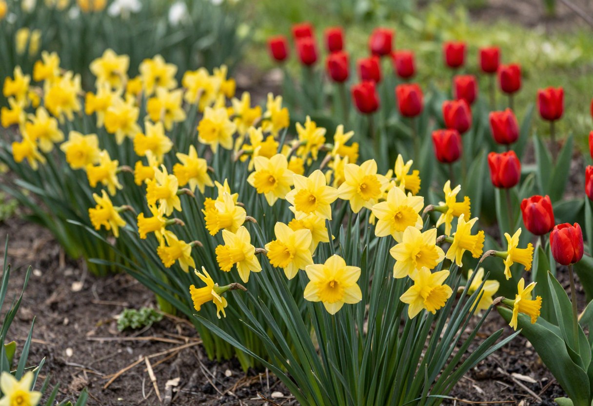 A drift of yellow daffodils and red tulips blooming together in a garden bed in early spring sunlight