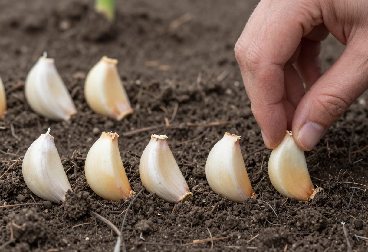 Individual garlic cloves lined up pointed end up on loose dark soil while a hand sets the next one in place