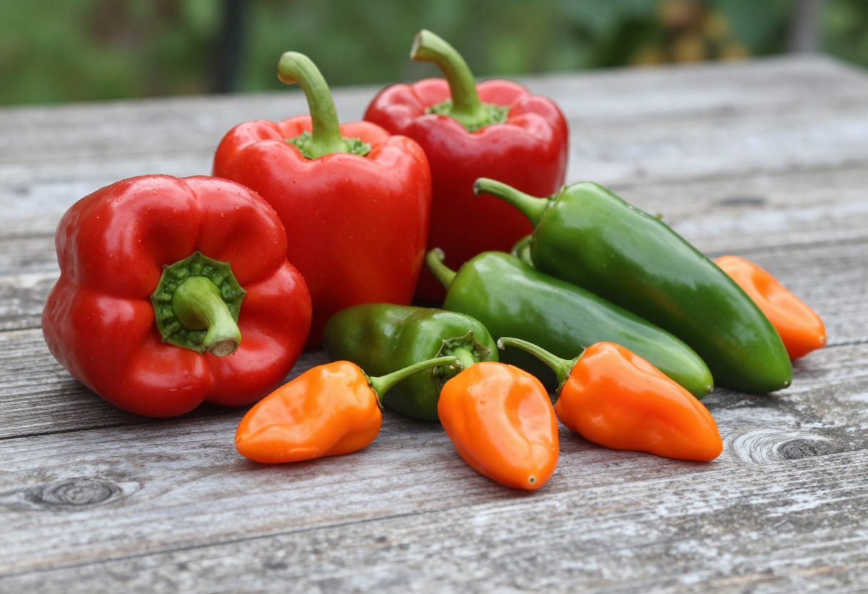 A variety of peppers including red bell peppers, green jalapeños, and orange habaneros arranged together on a wooden table