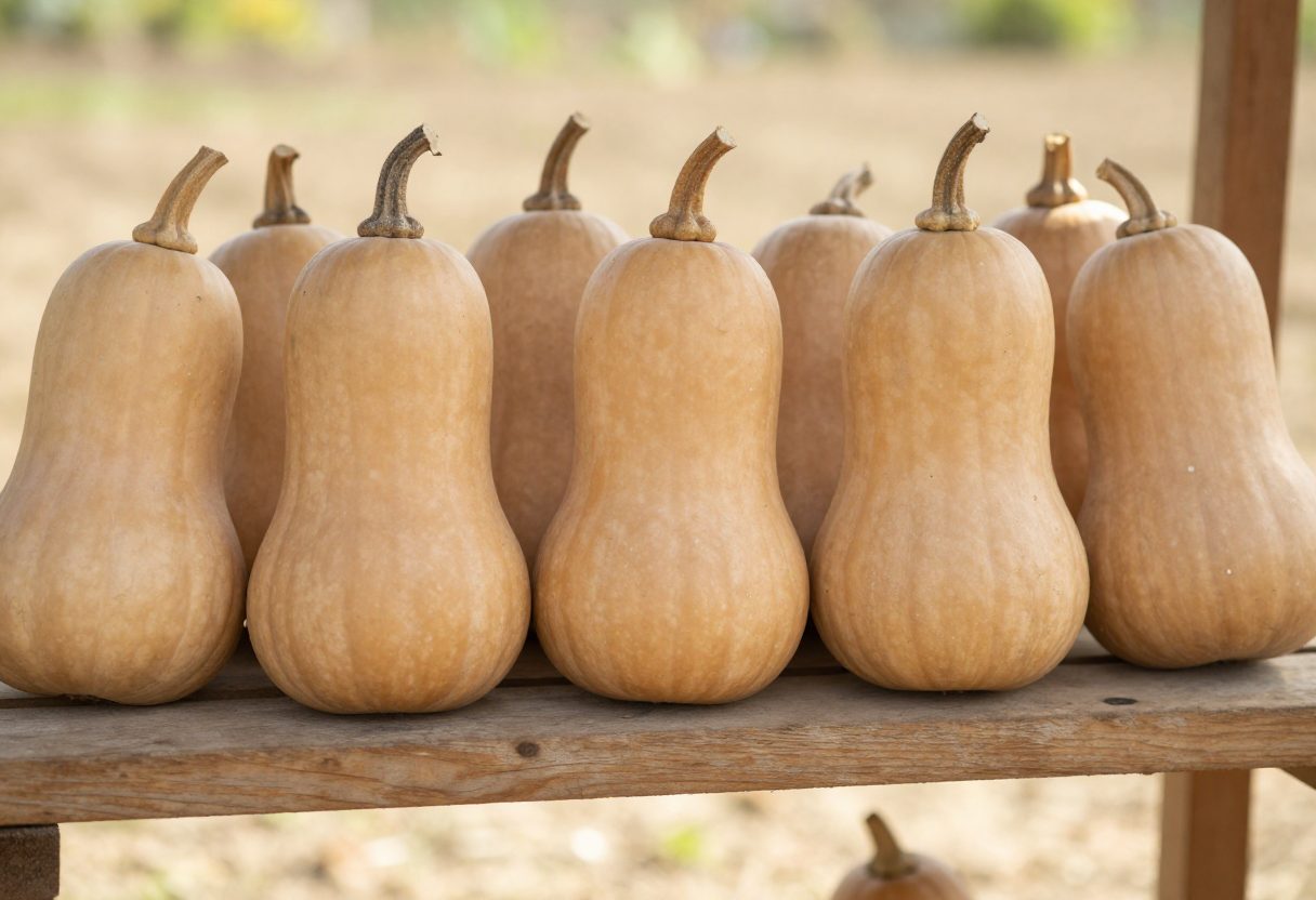 Harvested butternut squash with stems attached sitting in a single layer in a warm dry sunny spot to cure