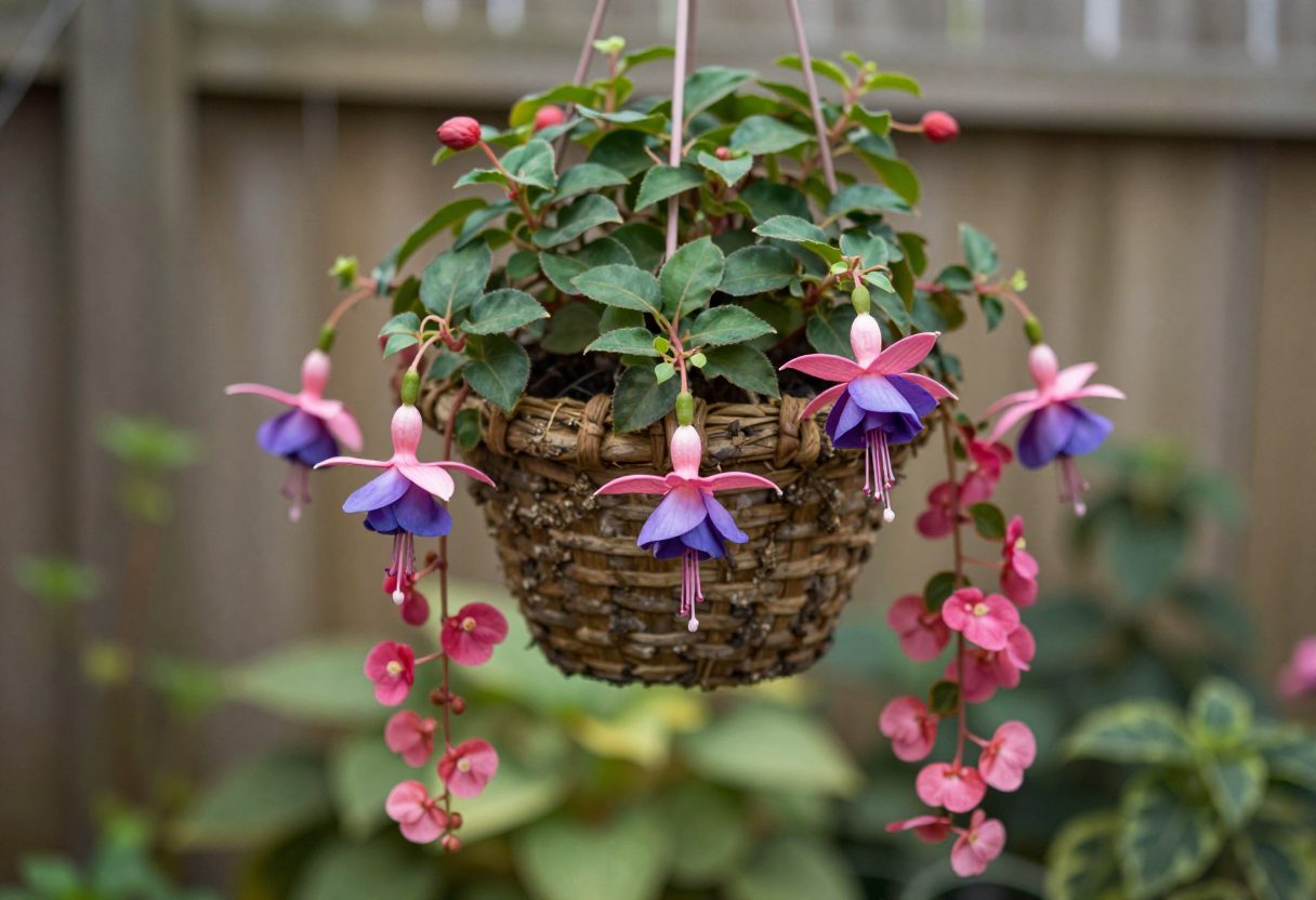 A shaded hanging basket with pendant fuchsia blooms and trailing begonias