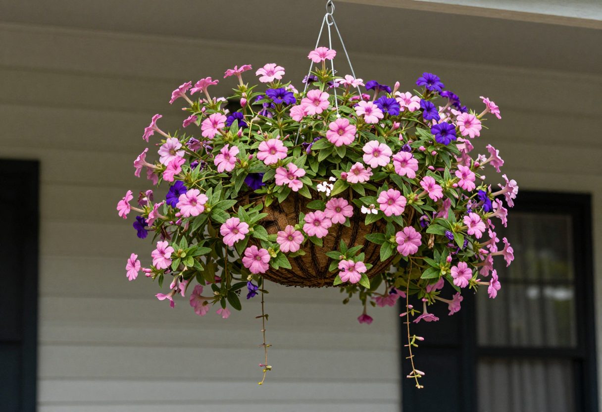 A large, full hanging basket overflowing with colorful trailing flowers on a porch
