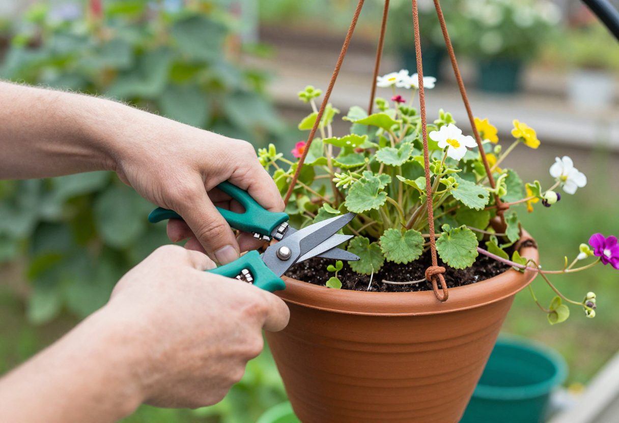 Hands trimming back leggy stems on a hanging basket with garden shears