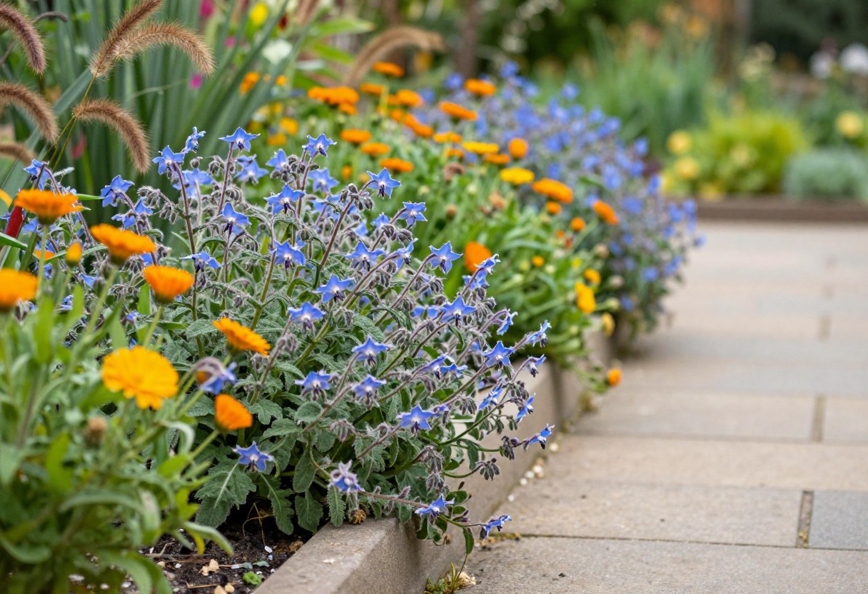 A cottage-style herb garden path with self-seeded blue borage, orange calendula, and feathery fennel spilling over stone edges