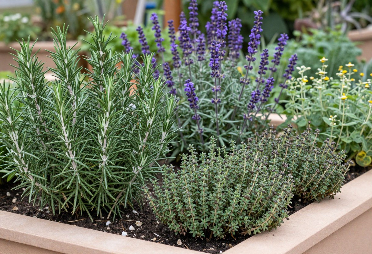 A raised garden bed with silver-green rosemary, purple sage, and low mounds of thyme growing together