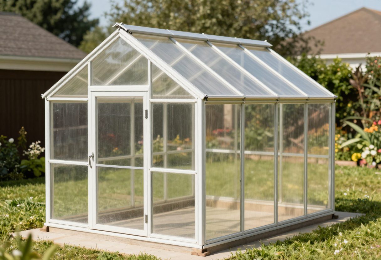 A small freestanding polycarbonate greenhouse with an aluminum frame in a sunny backyard garden