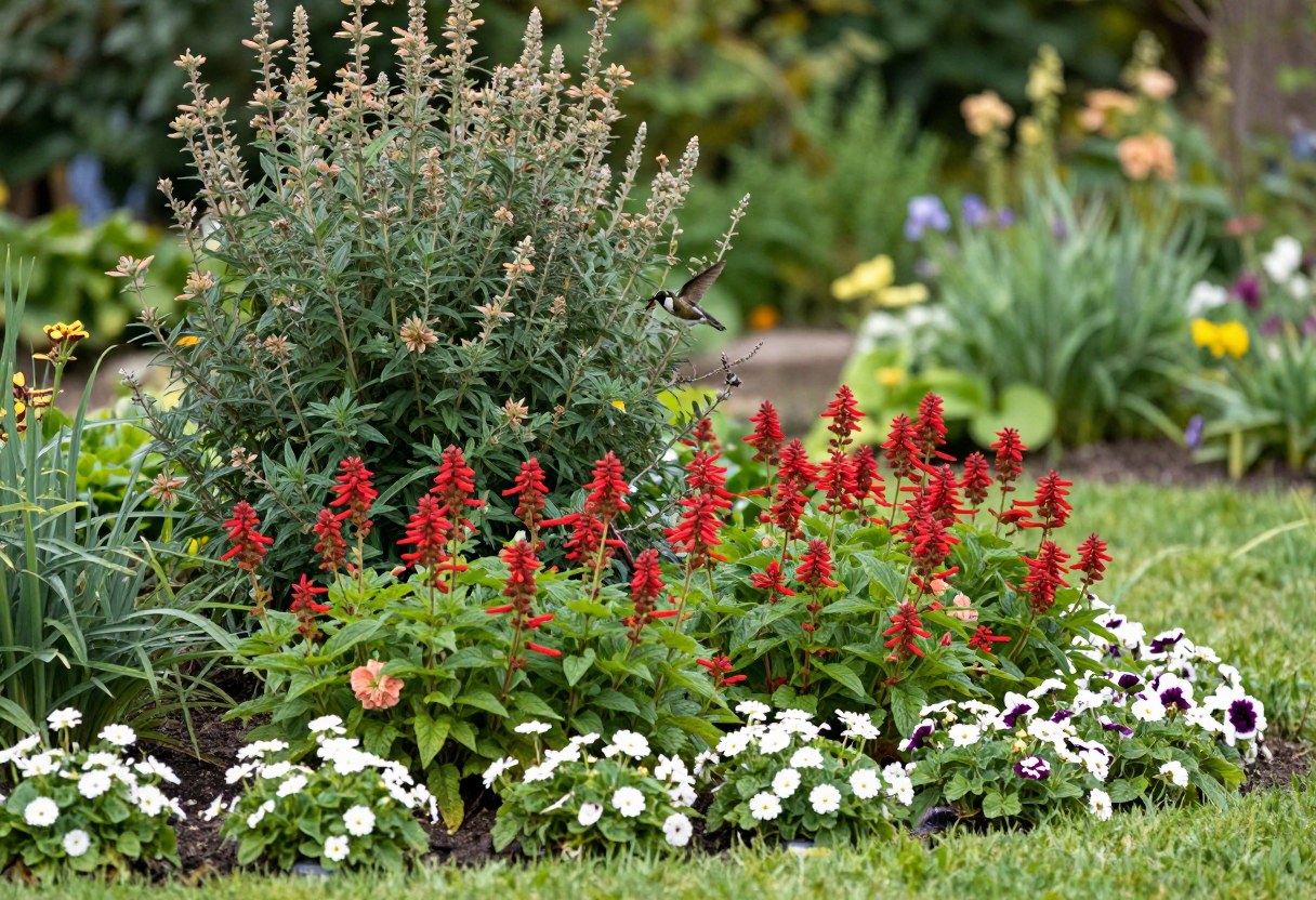 A layered hummingbird garden border with a tall flowering shrub, mid-height red tubular perennials, and low flowers at the front
