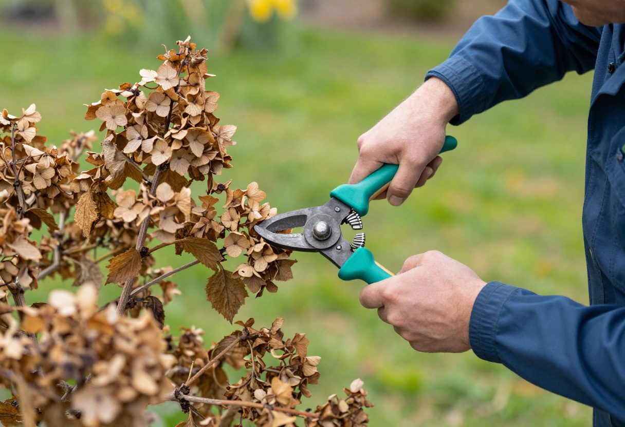 A gardener using hand pruners to remove old dead flower heads from a hydrangea shrub in early spring